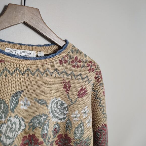 Vtg Floral Tapestry Sweater Cottagecore Rose Knit Pullover 80s 90s Grandma Large - Picture 4 of 8